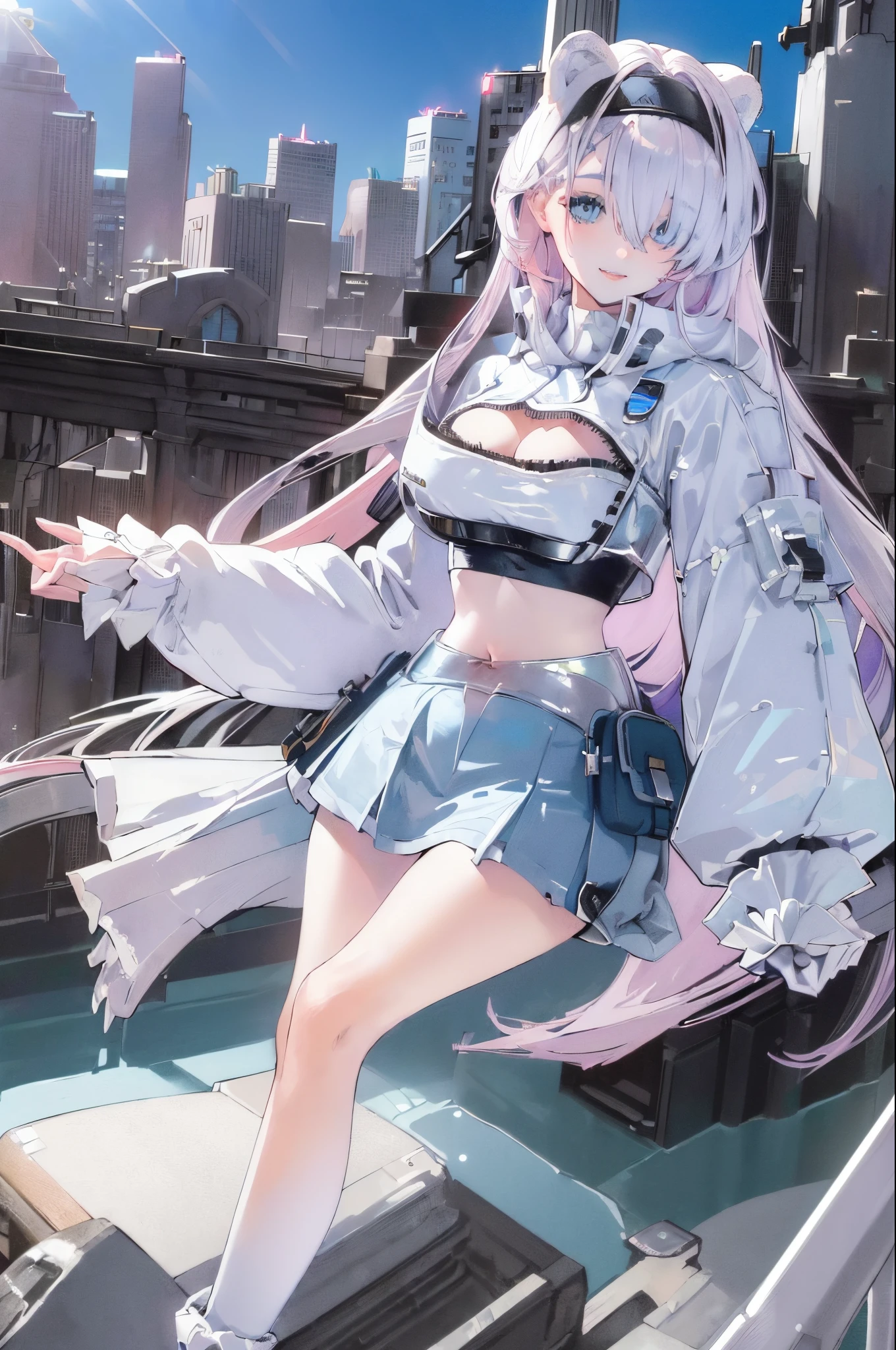 official art, masterpiece, sharp focus, (beautiful gorgeous cute Korean woman:1.3), (beautiful cute korean:1.3), korean beauty, Delicate and beautiful hair and eyes and face, realistic, ultra detailed, beautiful girl, blue sky, glow white particle, (sidelighting:1.2), sun light, white cloud, detailed clouds, slender, Lovely very large breasts and very large hips, smile with teeth, ((smile with eyes, open both eyes)), scenery, long straight hair, sexy facial expression, building, (cityscape:1.7), dynamic hair, long straight hair, detailed platinum pink hair, glow blue eyes, (blue pleated shirts + white skirt), white long socks, pale skin, hair ornament, epic scenery,