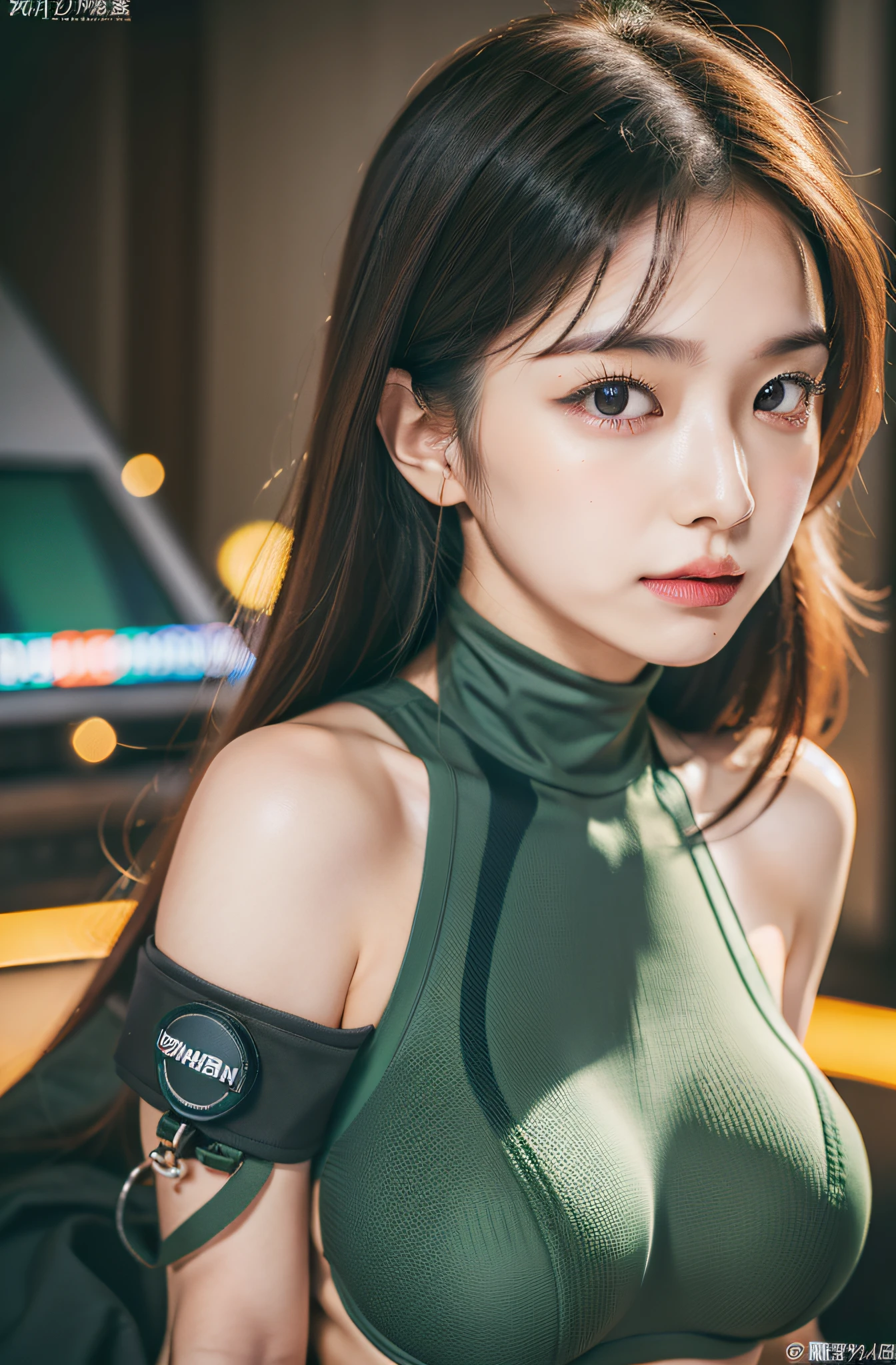 Exposed nipples、Fighter Wings、Air Force Pilot、Runway、Planes、dark green flight suit、High exposure、Photorealistic images of solo idols, Morning Musume inspired by Eri Kamei, Radiates charm and beauty with plenty of bust and subtle exposure of cleavage. The image is、Must reflect a real person of the highest quality, Powered by Ultra-HD (16 K) resolution, crisp detail, Vivid colors, Dynamic Range, Soft bokeh, Fine texture, Realistic realism, Pin Sharp Focus. Lighting is、Face that is、In the glow of city lights、It's the soft glow of a computer screen. The camera setup is、Nikon D850 and NIKKOR Z 58mm Boobs Boobs Boobs Boobs F。/0.95 S Noct lens, The setting must be ISO 64, F/0.95, Shutter speed is 1/60. --ar 16:9 - V5.1 --Style raw --Q 2 --S 750