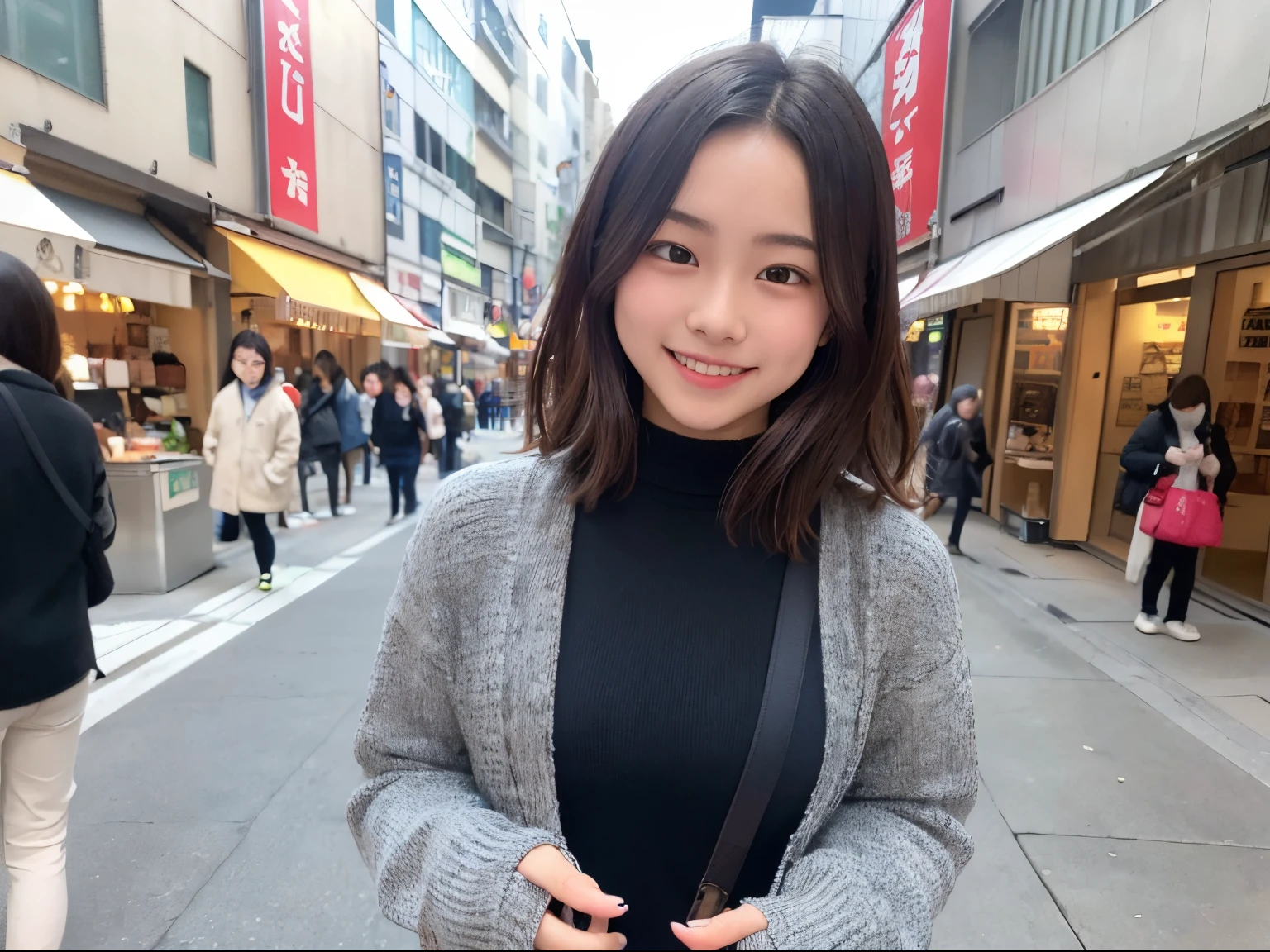 ((Best Quality)), ((masutepiece)),, Perfect face,,Esmanium,15yo student,japanes,hposing Gravure Idol、kawaii、a smile、shopping street、December、
everyday clothes、Dynamism、fingers out of sight、blurry backround:1.1