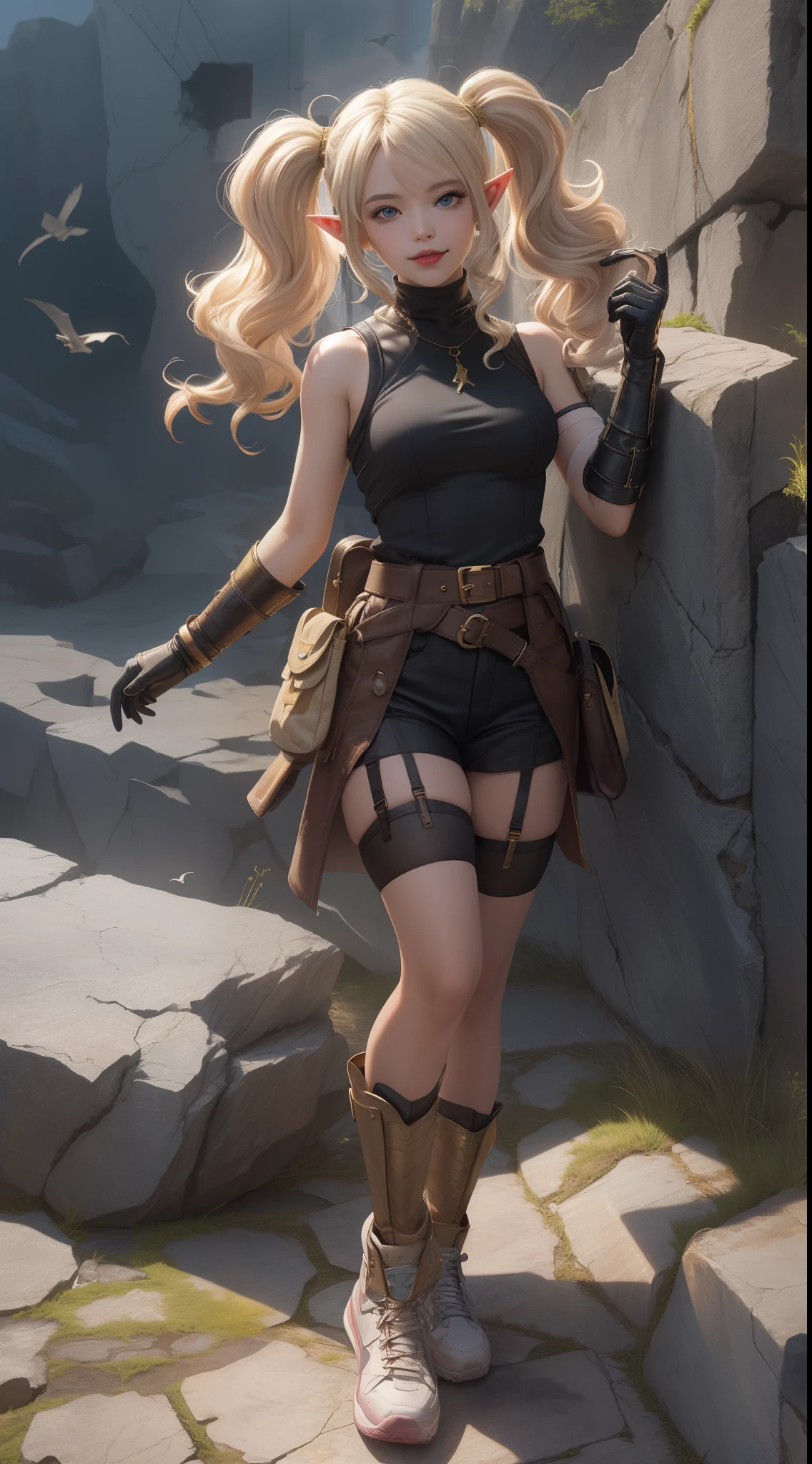 (masterpiece, best quality: 1.3),  (ultra-detailed, cinematic lighting), (illustration), (beautiful detailed face, eyes), concept art, (Elf), (1girl), (white Blonde, Curly hair, twintails), blue Eyes, Tilting Head, light Smile, light pink lips, big breast, full body, (sleeveless turtle-neck), (shoulder armor, gold trim, fingerless gloves, black gloves, brown belt, pouch, garter belt : 1.2), (air Jordan sneakers), (high tops), (standing on cracked rocks: 1.1), wide angle, medium shot, (cracked architecture), (flying black birds), squinting, Dynamic pose, By Yusuke Murata, by Artgerm.