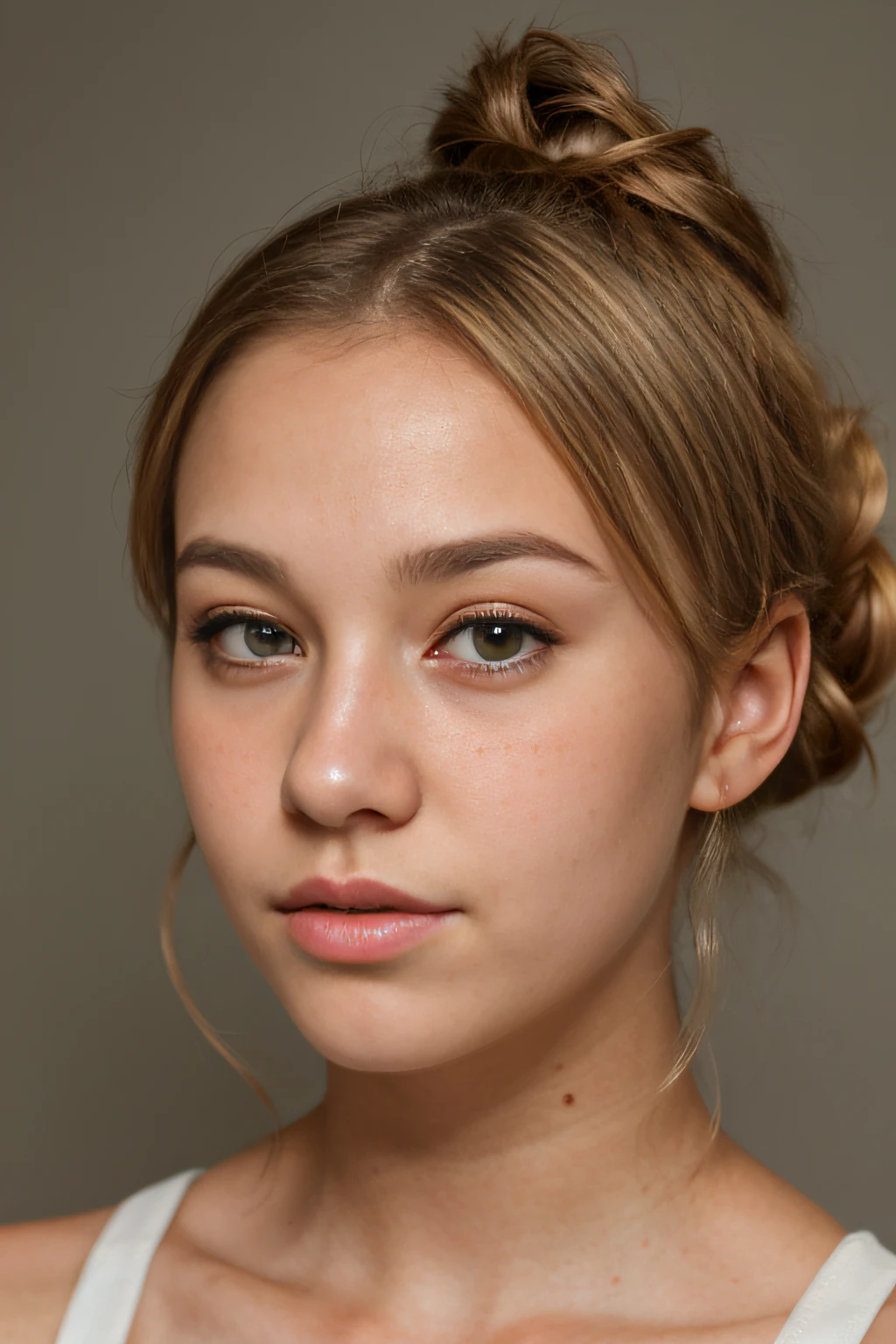 , blonde hair, small round face, ((small pointed nose)), blushing cheeks, bright hazel eyes, ((Kelsey McWilder)), 8k, 4k, highly detailed face and eyes, imperfect skin, highly detailed skin texture, shy, head tilted down, eyes looking up, hair in bun