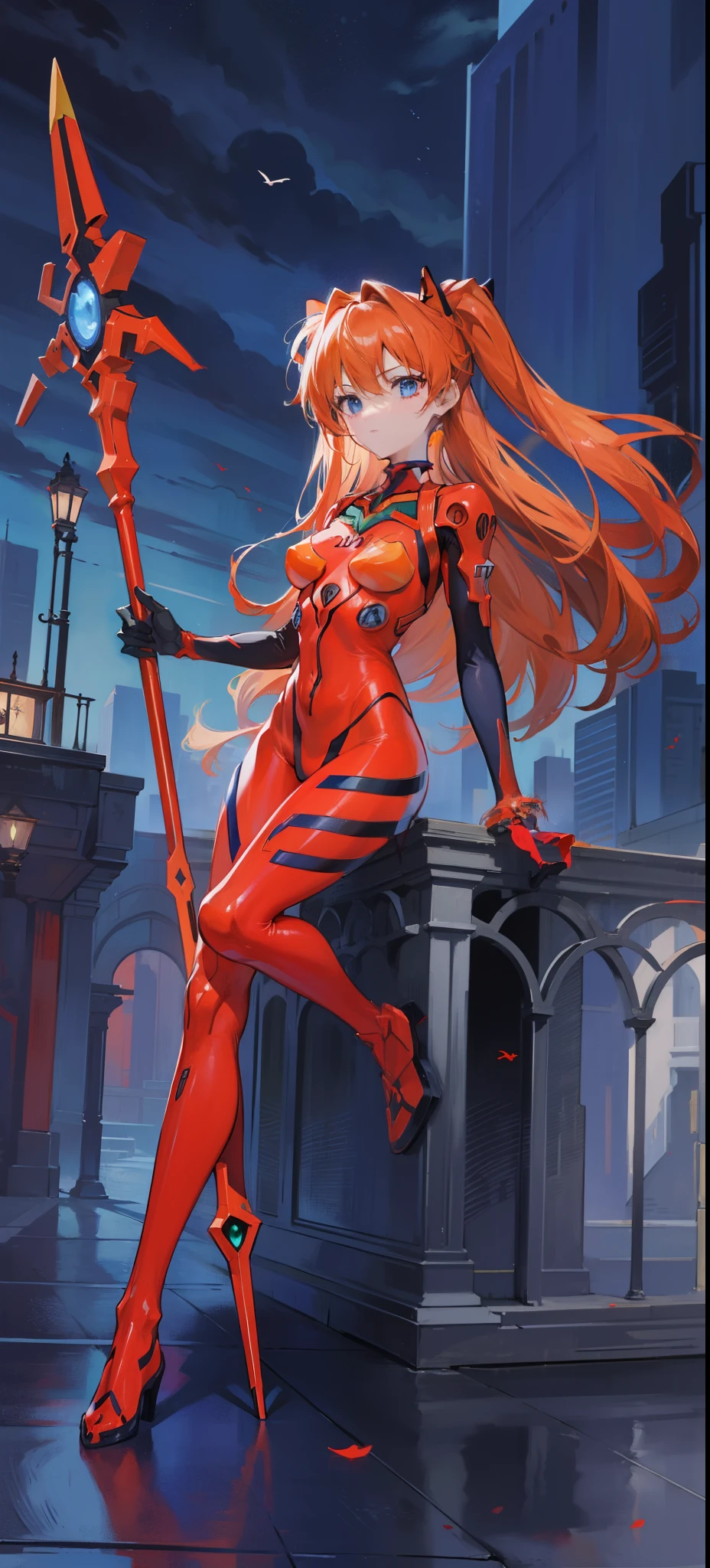 A girl in a red anime costume holds a red spear,She is wearing a bird costume,(blue color eyes),Inspired by::::::::《Shin Evangelion》Pleiades Asuka Langley. She has a portrait of Asuka Langley Subaru, a beautiful character in the series. Her costume has a hidden Asuka pattern underneath! There are flying birds in the background. (Best quality,4K,8K,A high resolution,tmasterpiece:1.2)