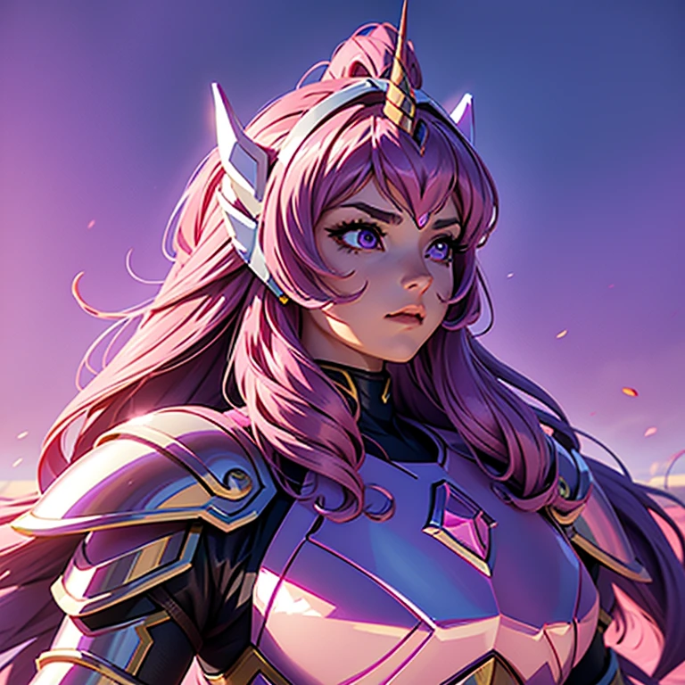 A woman wearing a pink unicorn armor,, Saint Seiya, pink unicorn Armor, , unicorn helmet, Dark and  purple hair, long  hair, , Charismatic character, Avatar de seconde vie, Nice screenshot, Femme seduisante vue complète du corps, High quality, very detailed skin