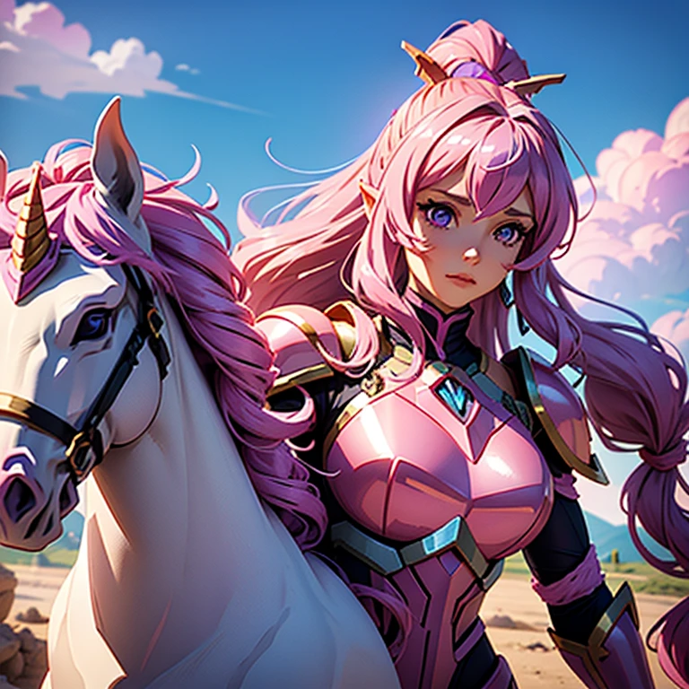 A woman wearing a pink unicorn armor,, Saint Seiya, pink unicorn Armor, , unicorn helmet, Dark and purple hair, long hair, , Charismatic character, Avatar de seconde vie, Nice screenshot, Femme seduisante vue complète du corps, High quality, very detailed skin