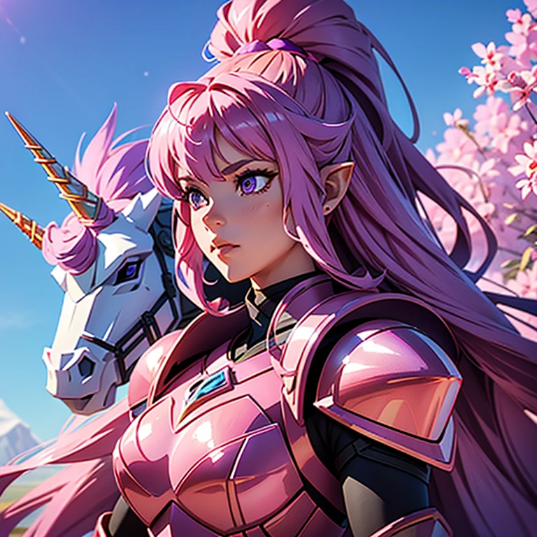 A woman wearing a pink unicorn armor,, Saint Seiya, pink unicorn Armor, , unicorn met, Dark and purple hair, long hair, , Charismatic character, Avatar de seconde vie, Nice screenshot, Femme seduisante vue complète du corps, High quality, very detailed skin