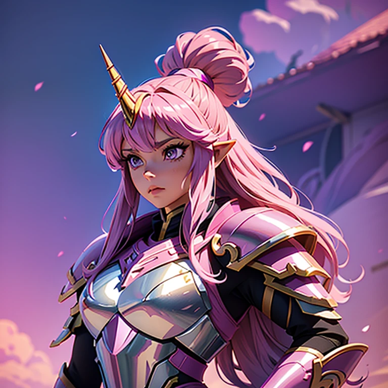 A woman wearing a pink unicorn armor,, Saint Seiya, pink unicorn Armor, , unicorn helmet, Dark and  purple hair, long  hair, , Charismatic character, Avatar de seconde vie, Nice screenshot, Femme seduisante vue complète du corps, High quality, very detailed skin