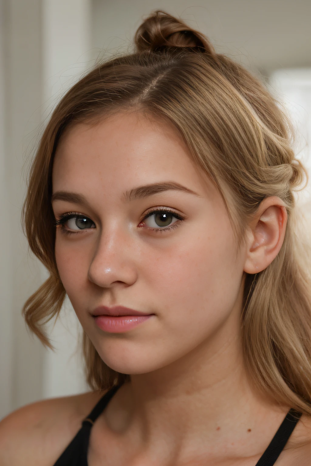, blonde hair, small round face, ((small pointed nose:1.1)), blushing cheeks, bright hazel eyes, ((Kelsey McWilder)), 8k, 4k, highly detailed face and eyes, imperfect skin, highly detailed skin texture, head tilted down, eyes looking up, hair in bun, round glasses