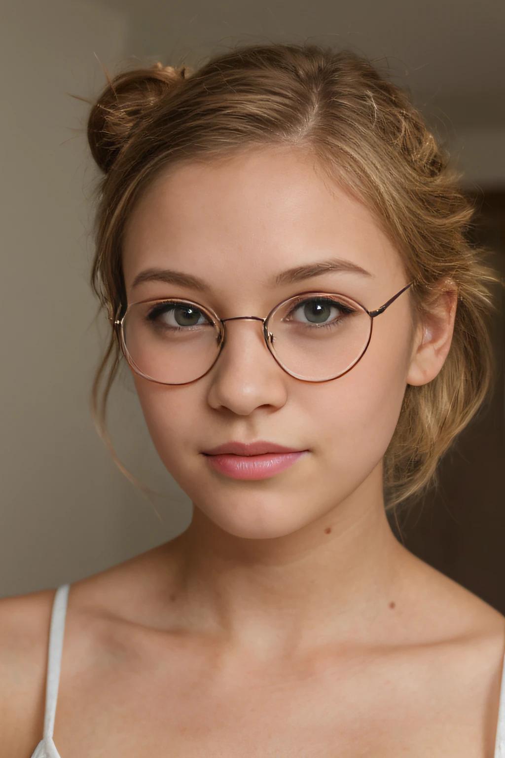 , blonde hair, small round face, ((small pointed nose:1.1)), blushing cheeks, bright hazel eyes, ((Kelsey McWilder)), 8k, 4k, highly detailed face and eyes, imperfect skin, highly detailed skin texture, head tilted down, eyes looking up, hair in bun, round glasses