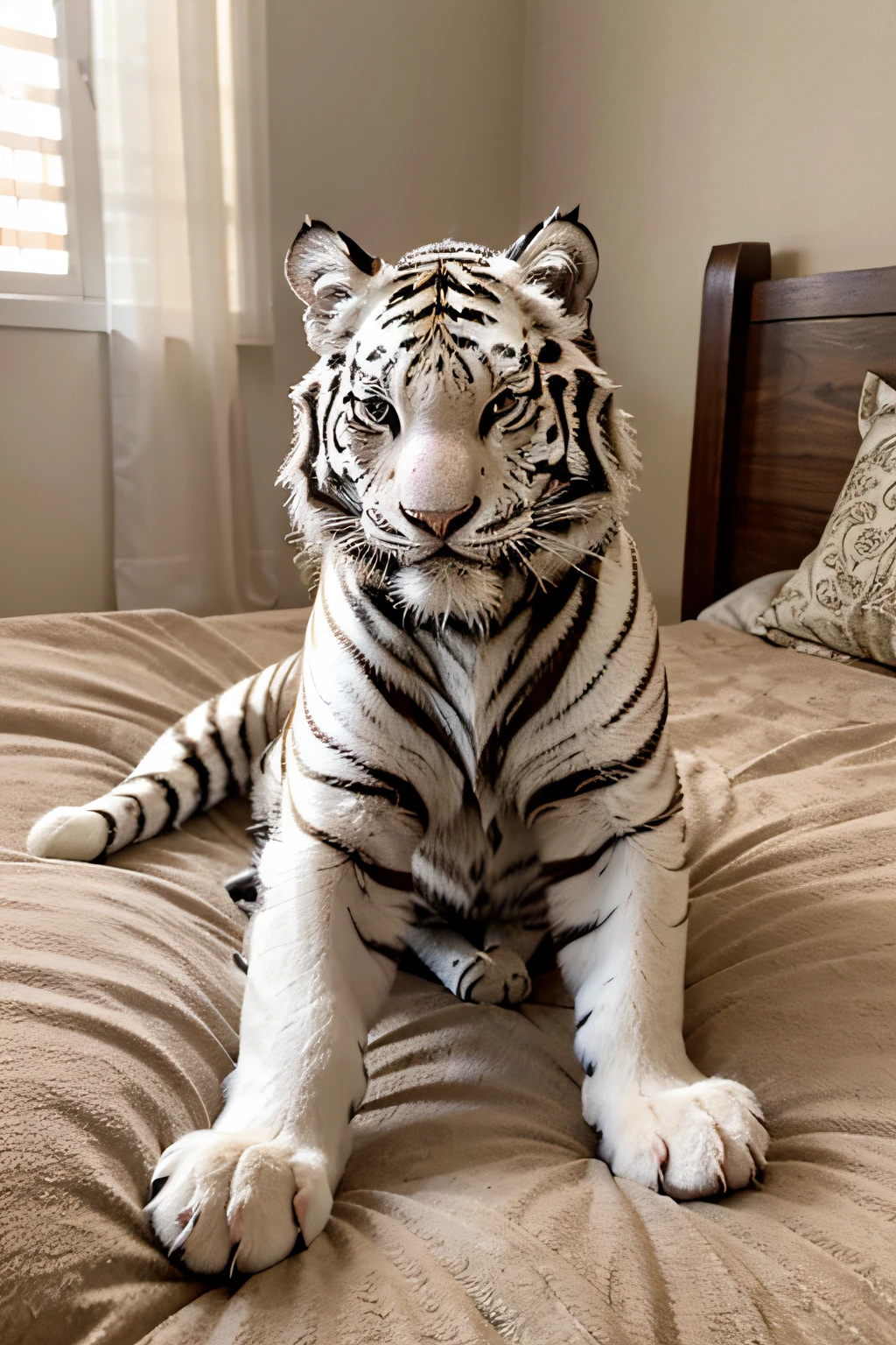 (best illumination, best shadow, masterpiece, best quality), a white tiger plushie on a bed with elaborate details, cute, natural lighting, clean lines, perfect illustration