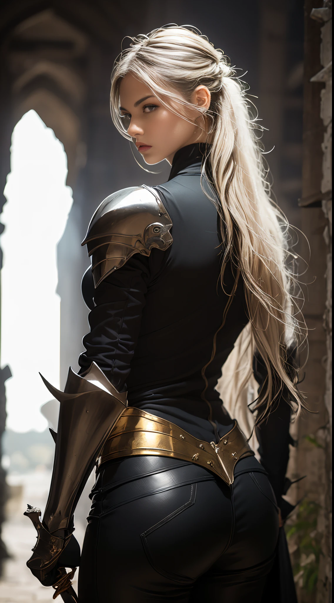 rear view of sexy young blonde female valkyrie, wearing an armor