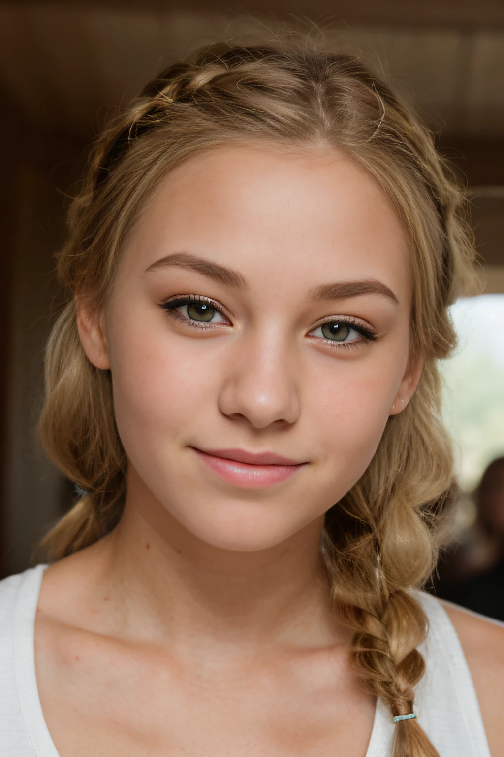 , blonde hair, small round face, ((small pointed nose:1.1)), blushing cheeks, bright hazel eyes, ((Kelsey McWilder)), 8k, 4k, highly detailed face and eyes, imperfect skin, highly detailed skin texture, hair in tight braid, round glasses, winking