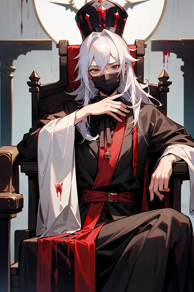 Make me a very handsome boy wearing a Black Crown. He is wearing a mask. His hair color is White. He is Sitting on a throne. He is covered with blood He is in blood