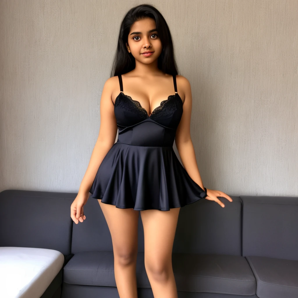 -yeld beiful cute girl wearing a stylish colour lingerie dress,her legs visible, she is Sri Lankan, she has black hair,big breasts, big aas, poses,full body frame