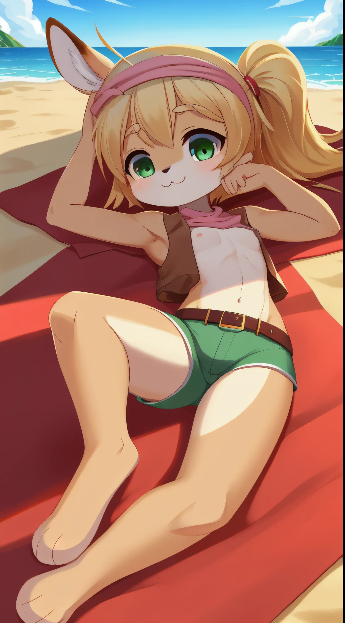 Furry girl, kangaroo, cute hair, two ponytails, blonde hair, green eyes, small breasts, detailed body fur, brown vest sleeveless, open clothes, red belt, green shorts, masterpiece, looking at you, two tone body fur, beige body fur, clear beige body fur, detailed face, big eyebrows, detailed eyes, detailed body, beach, clear sky, detailed hands, glistering body, skinny, pink headscarf on head, :3, perfect lighting, perfect shadows, perfect eyes, perfect hair, perfect face, gorgeous body, full body, feets whit three toes, lying down, beach towel,