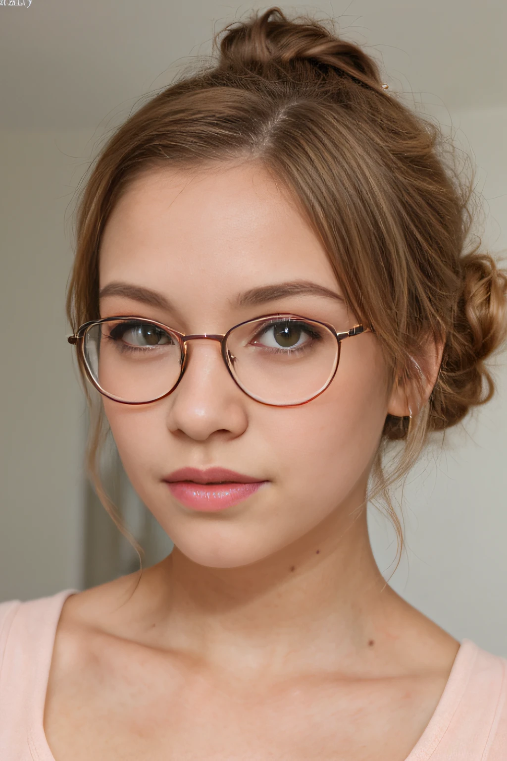 Young teen girl, blonde hair, small round face, ((small pointed nose:1.1)), blushing cheeks, bright hazel eyes, ((Kelsey McWilder)), 8k, 4k, highly detailed face and eyes, imperfect skin, highly detailed skin texture, hair in tight bun, clean haircut, professional hair round glasses,