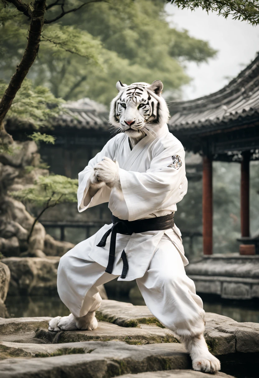 Imagine, as if humanoid (anthropomorphic) white tiger in a white kimono practices kung fu in a picturesque Chinese garden, White Tiger Furry, tiger - kung fu fighter, kung fu training, Anthropomorphic white tiger, Hi-Def, Best Quality, Highest resolution, 8K, Feature photo, Photorealistic quality, higly detailed