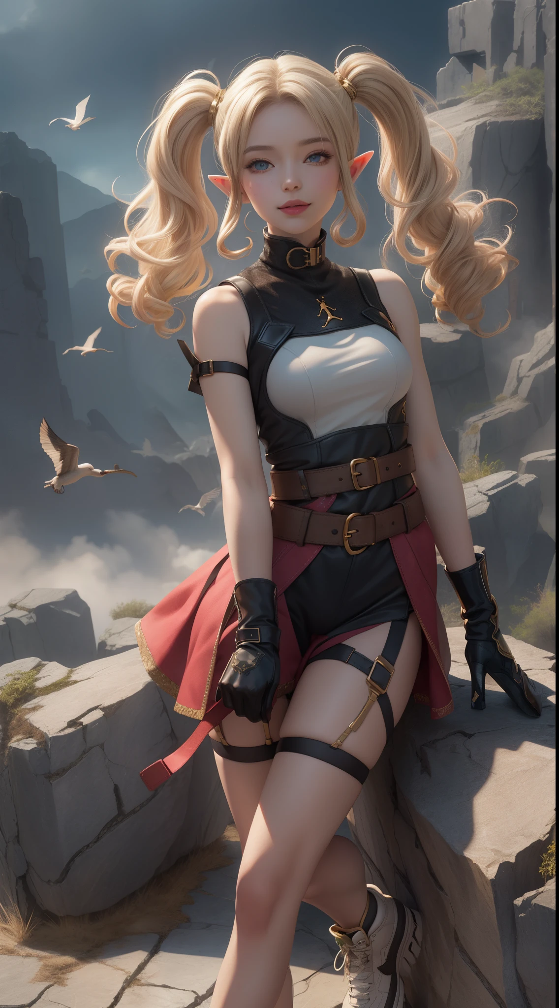 (masterpiece, best quality: 1.3), (ultra-detailed, cinematic lighting), (illustration), (beautiful detailed face, eyes), concept art, (Elf), (1girl), (white Blonde, Curly hair, twintails), blue Eyes, Tilting Head, light Smile, light pink lips, big breast, full body, (sleeveless turtle-neck), (shoulder armor, gold trim, fingerless gloves, black gloves, brown belt, pouch, garter belt : 1.2), (air Jordan sneakers), (high tops), (standing on cracked rocks: 1.1), wide angle, medium shot, (cracked architecture), (flying black birds), squinting, Dynamic pose, By Yusuke Murata, by Artgerm.