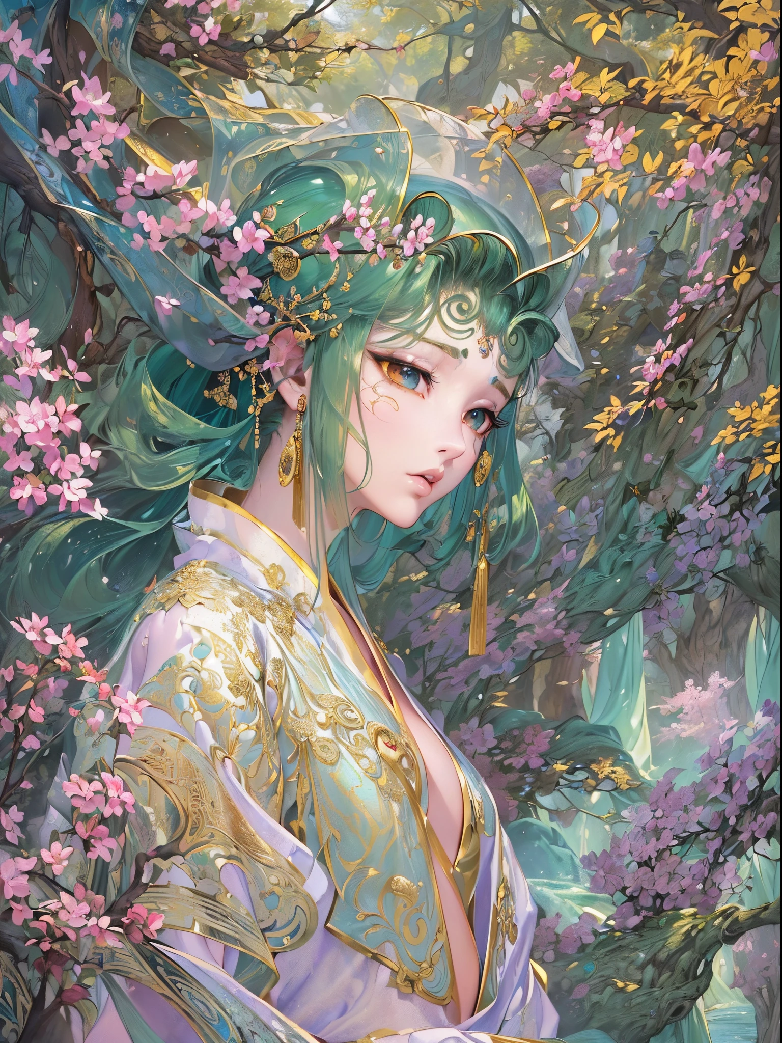 ((Finest quality)),(超A high resolution),(ultra-detailliert),(Meticulous portrayal),((Best Anime)),(Finest works of art),(Ultra-Precision Art),(The art of astounding depiction,Overwhelming depiction:1.5),(Detailed and detailed fantasy art), (femele:1.5),((beauitful face:1.5)),((thin silk robe:1.6)) Surrounded by forests and springs:1.3