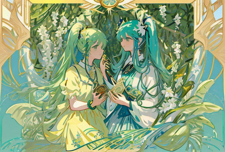 Hatsune Miku, blue hair,
tmasterpiece、topquality、Alphonse Mucha、Jugendstil、 (Tarot card style:1.3)、Unique Tarot Card Structure, including floral and green elements、 blunt bangs、Long hair with pink double ponytails,,,、Upper torso、looking at the viewers、 In the middle of a green garden、Mysterious girl in a floral dress、Enjoy the sunshine, which illuminates flowering plants and ancient tarot symbols.、Dance with Unearthly Creatures。 roses、lily、Cherry trees、calamus、leaves、moss、vine、Elegant dresses, Inspired by nature、Necklace with flowers and leaves、耳环、circlet、A bracelet、hair ornaments、Butterflies、bird、bee、Tarot symbols, Reimagined with floral and green ornaments、godesses、Flower Garden、woods、Natural background, like a, For example, shore of the lake、Efficient use of light and shadow、 Realistic & Ультрареалистичный 3D、zentangle、Birds