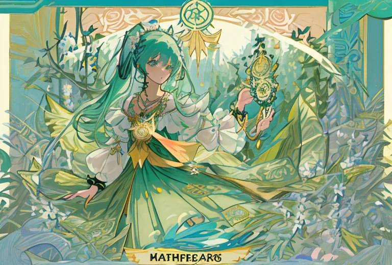 Hatsune Miku, blue hair,
tmasterpiece、topquality、Alphonse Mucha、Jugendstil、 (Tarot card style:1.3)、Unique Tarot Card Structure, including floral and green elements、 blunt bangs、Long hair with pink double ponytails,,,、Upper torso、looking at the viewers、 In the middle of a green garden、Mysterious girl in a floral dress、Enjoy the sunshine, which illuminates flowering plants and ancient tarot symbols.、Dance with Unearthly Creatures。 roses、lily、Cherry trees、calamus、leaves、moss、vine、Elegant dresses, Inspired by nature、Necklace with flowers and leaves、耳环、circlet、A bracelet、hair ornaments、Butterflies、bird、bee、Tarot symbols, Reimagined with floral and green ornaments、godesses、Flower Garden、woods、Natural background, like a, For example, shore of the lake、Efficient use of light and shadow、 Realistic & Ультрареалистичный 3D、zentangle、Birds