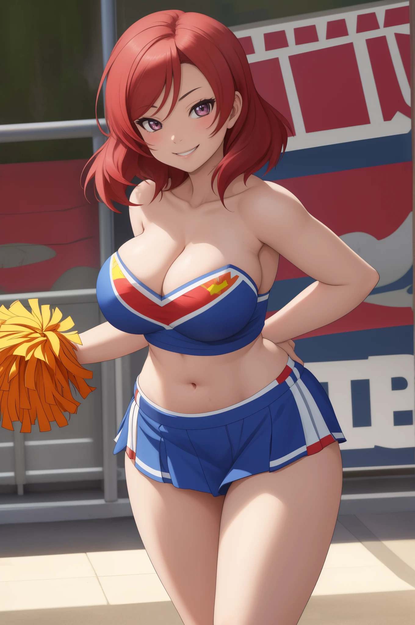 Nishikino maki, curvy body, smile, cheerleader , strapless,midriff, cowboy shot,big breasts, cleavage,bent over, arms behind back, crotch