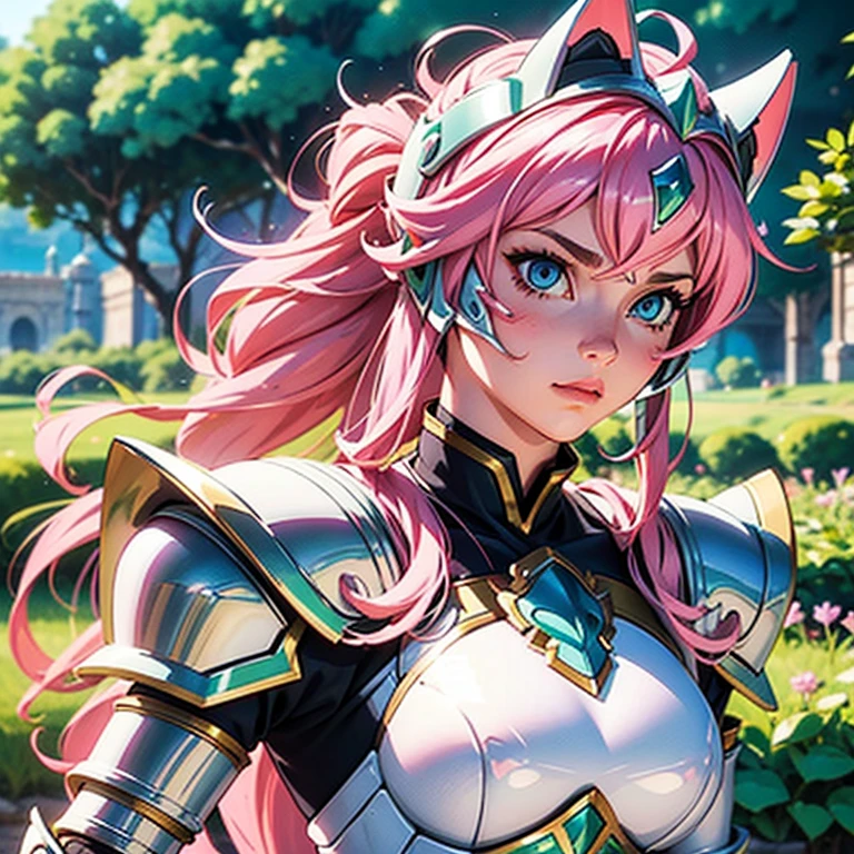 A woman wearing a white kitten armor,, Saint Seiya, cute Armor, , kitten helmet, Pink hair, long hair, greens eyes, Charismatic character, Avatar de seconde vie, Nice screenshot, Femme seduisante vue complète du corps, High quality, very detailed skin