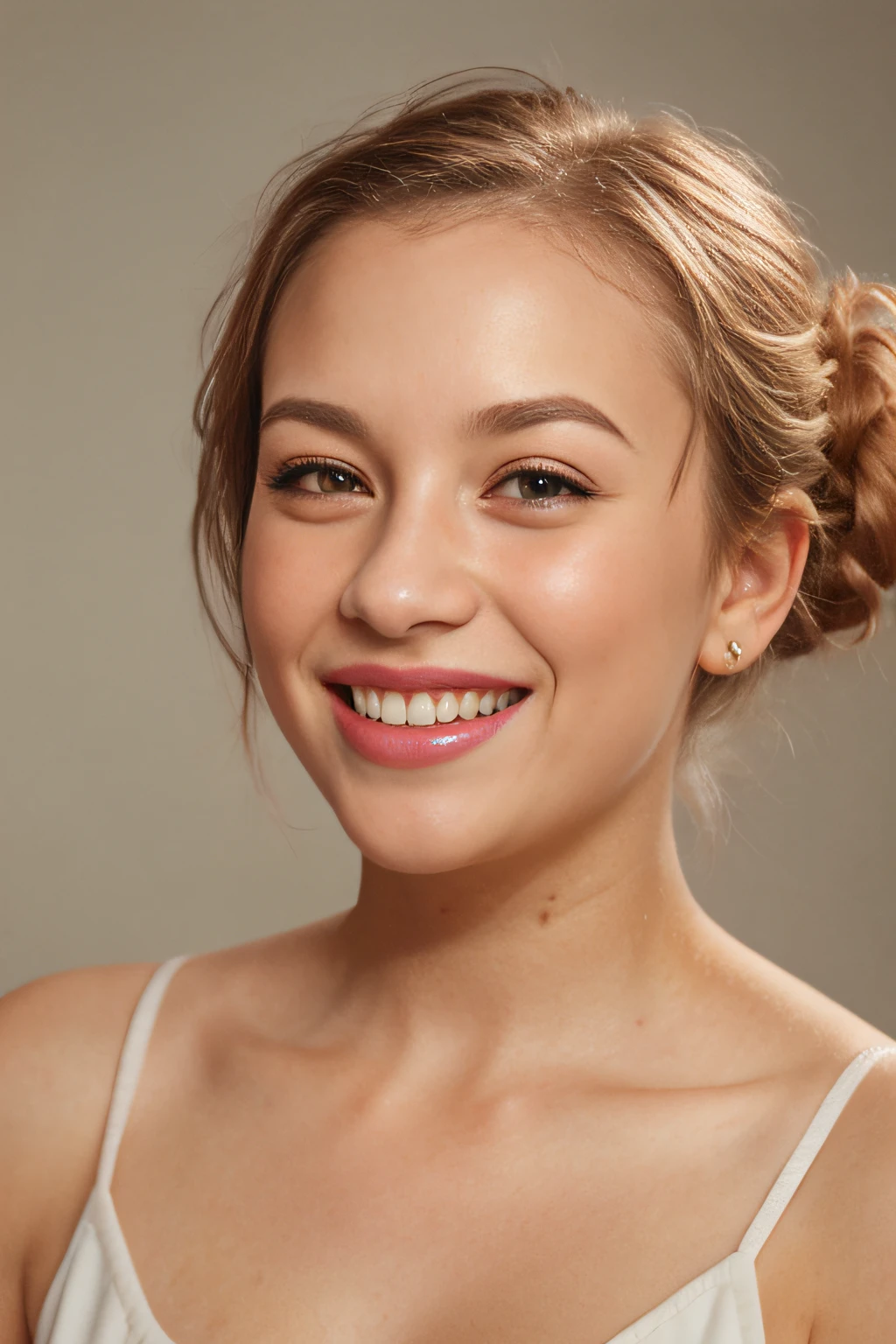 Young teen girl, blonde hair, small round face, ((small pointed nose:1.25)), blushing cheeks, bright hazel eyes, (((Kelsey McWilder))), 8k, 4k, highly detailed face and eyes, imperfect skin, highly detailed skin texture, hair in tight bun, clean haircut, ((professional hair)) round glasses, bright pink glitter lip gloss, glossy glittery lips, ((laughing))