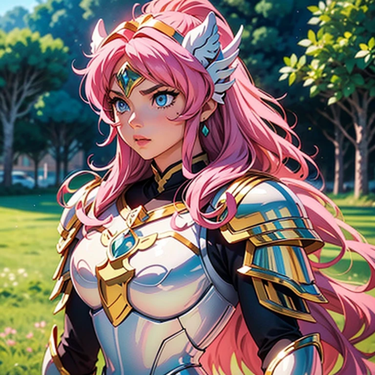 A woman wearing a white kitten armor,, Saint Seiya,  cute Armor, , kitten helmet,  Pink hair, long  hair, greens eyes, Charismatic character, Avatar de seconde vie, Nice screenshot, Femme seduisante vue complète du corps, High quality, very detailed skin