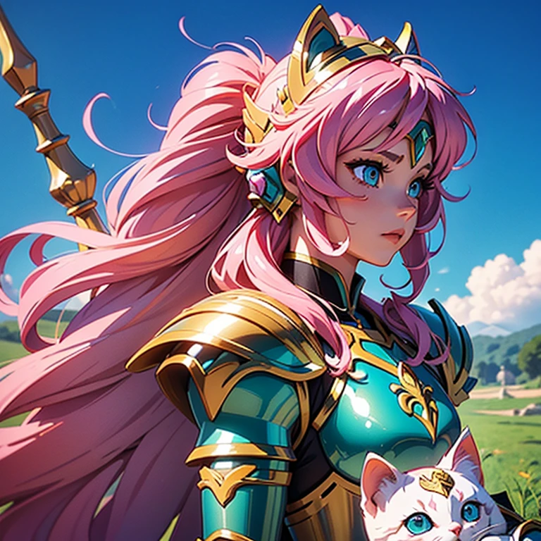 A woman wearing a white kitten armor,, Saint Seiya,  cute Armor, , kitten helmet,  Pink hair, long  hair, greens eyes, Charismatic character, Avatar de seconde vie, Nice screenshot, Femme seduisante vue complète du corps, High quality, very detailed skin