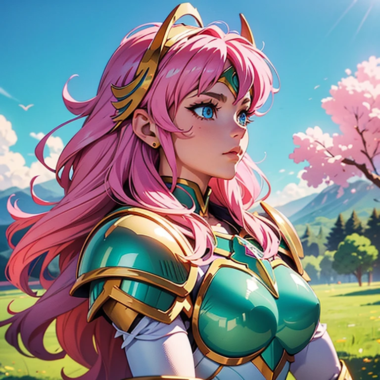 A woman wearing a white kitten armor,, Saint Seiya,  cute Armor, , kitten helmet,  Pink hair, long  hair, greens eyes, Charismatic character, Avatar de seconde vie, Nice screenshot, Femme seduisante vue complète du corps, High quality, very detailed skin