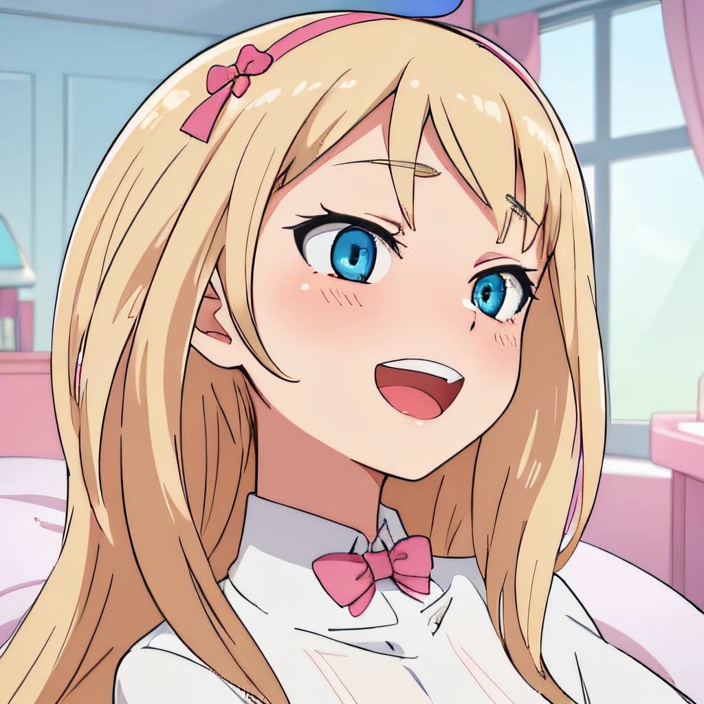 hiquality, tmasterpiece (one girls) Smile with open mouth and teeth. blonde woman. blue eyes. white shirt. ssmile. Pink Bow. pink ribbon on hair. In the background is a room with a nightstand and a bed with a window.....