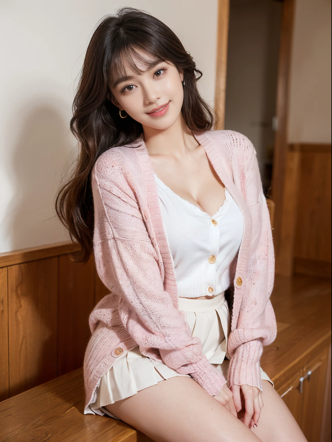 ((((top-quality))))、(((Ultra Precision CG16K Wallpapers)))、(((masterpiece)))、(((ultra-detailliert)))、(((Ultra-extreme details)))、1Man Woman、a matural female、a 25yo woman、((Korean Face))、((extremely beautiful face))、((a beauty girl:1.5))、((soft wave bob long hair:1.3))、(shinny hair)、Bangs up to the eyebrows、Beautiful brown hair、Beautiful delicate eyes、Brown eyes、raised eyebrows、lofty nose、small nostrils、Small mouth、seductive lips、slightly open mouth、Beautiful breasts、C-cup size breasts、cleavage of the breast、Plump body、perfectly proportions、perfect anatomia、perfect-composition、beautiful detailed shading、Beautiful natural lighting、Beautiful detail glow、depth of fields、(((a high chroma)))、(((realisitic:1.9)))、((Vivid:1.4))、((Beautiful skin))、((Skin texture))、((Realistic skin feeling))、(((Head-to-thigh shot:1.5)))、((Frontal angle:1.5))、((a smile:1.4))、(Eyes looking at me)、Bright sunshine、(((Walk around the guesthouse:1.5)))、(Blur the background)、(((pink summer knit cardigan clothes:1.5)))、(((White pleated miniskirt clothing:1.5)))、((2 arms、2 legs:1.3))、