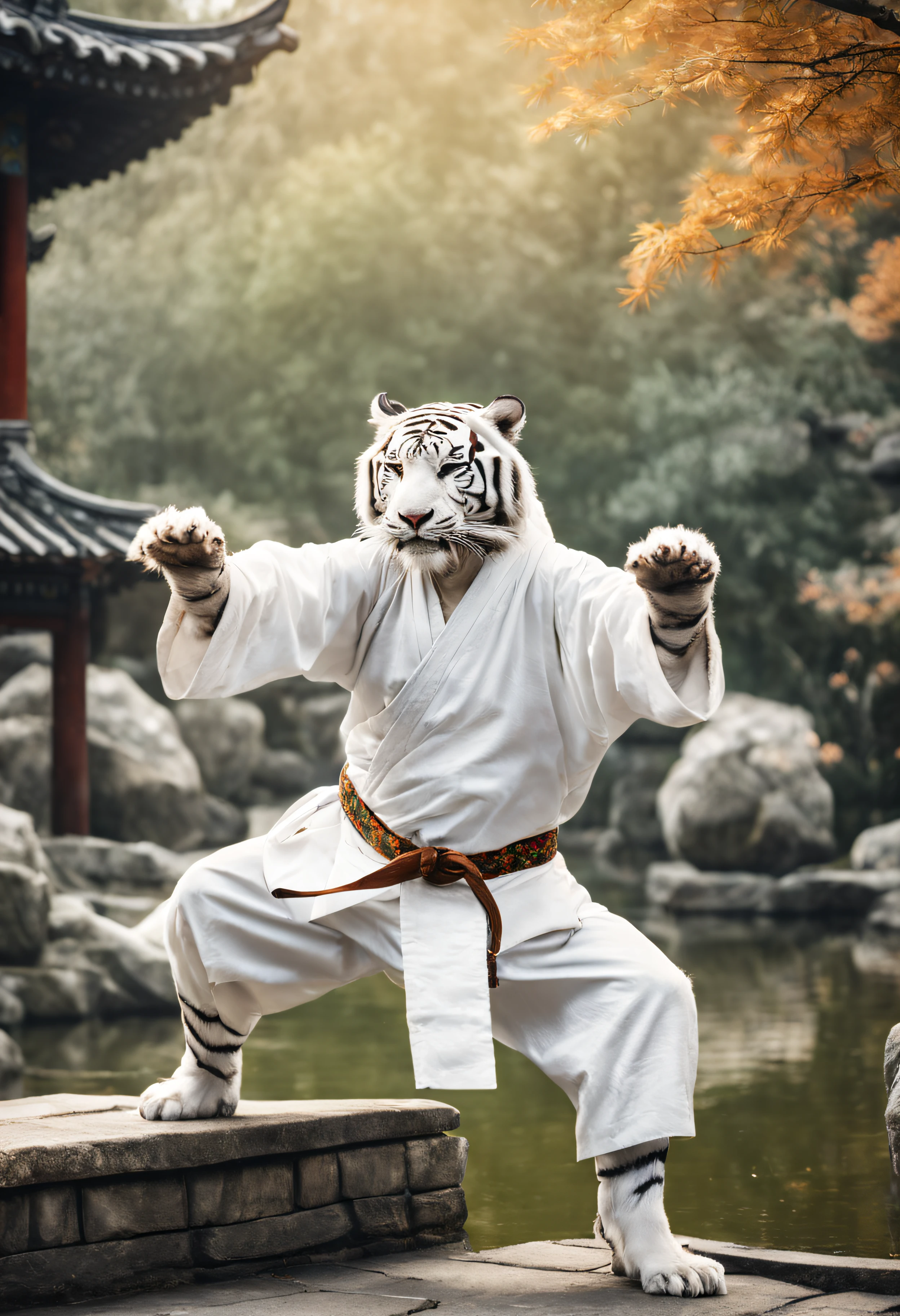 imagine, like a humanoid (anthropomorphic) White tiger in a white kimono practices kung fu in a picturesque Chinese garden, White tiger fluffy, Tiger - kung fu fighter, kung fu training, Anthropomorphic white tiger, Hi-Def, Best Quality, Highest Resolution, 8K, Feature photo, Photorealistic quality, higly detailed