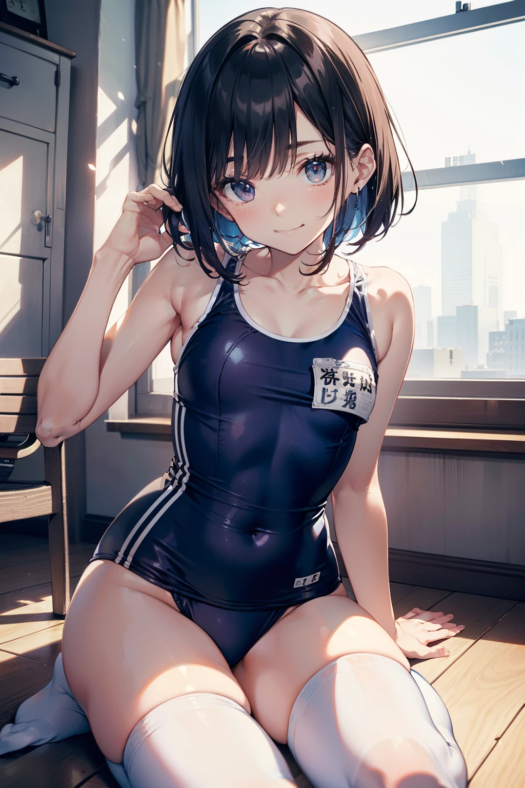 top-quality、Full limbs、complete fingers、Slender beauty、ssmile、Wearing a school swimsuit、Bery short hair、bob cuts、Wear knee-high socks、darkened room、Lean forward and look at me、Put your hands on your buttocks、Raking up your hair