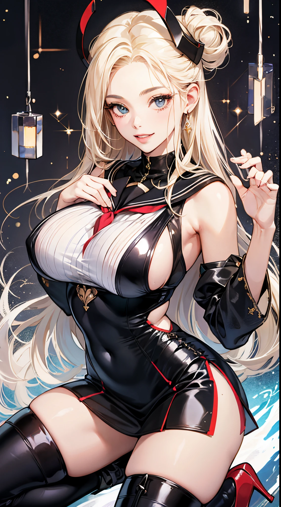 top-quality、realistic touch,high-detail、photoRealstic、Long body、skirts that are too short、Sleeveless、captive beauty、big eye、Big breasts that are about to fall out of your clothes、Strong platinum blonde eyelashes、platinum-blonde、Beautie、A sexy、full body Esbian、Sparkling eyes、Submissive smile、Flushed cheeks、Kamimei、thin-waist、Voluptuous thighs、Enraptured look、Raked bangs、The forehead is protruding、See-through clothing、high-heels、 latex clothes、a sailor suit