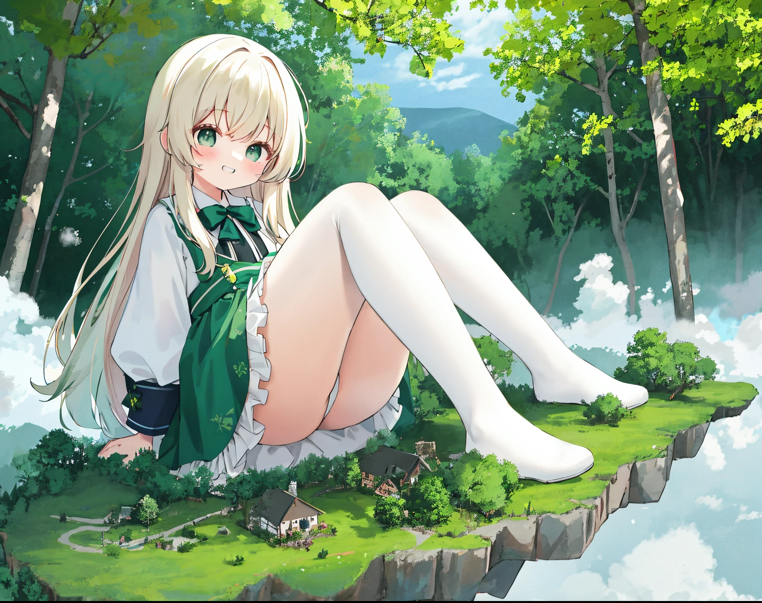 ，​​clouds， at a forest，mountain ranges，koyama， tmasterpiece, Best quality at best, The content is very detailed,tmasterpiece,Best quality at best,offcial art,extremely detaild的 CG unified 8k wallpapers，{{{A giantess}}}，Huge girl，100 meters tall girl，Miniature village，without wearing shoes，Grinning，Sitting in the forest ，Steam coming out of feet，