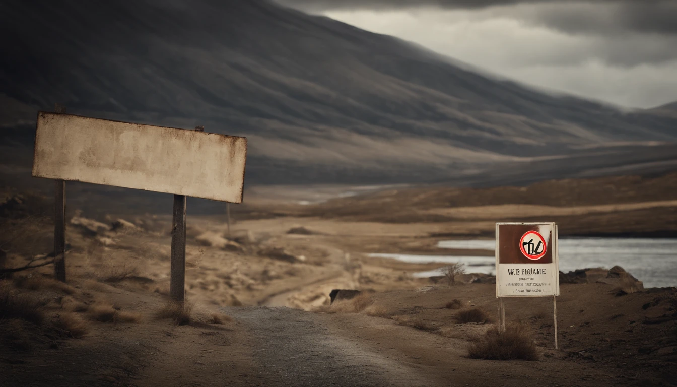 A high-resolution image of a danger sign against a bleak and desolate landscape, with the sign weathered and worn, creating a visually ominous and foreboding scene.