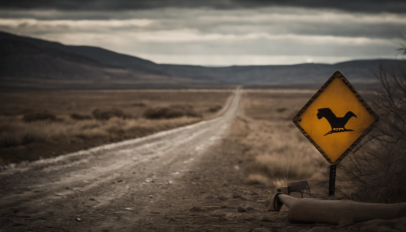 A high-resolution image of a danger sign against a bleak and desolate landscape, with the sign weathered and worn, creating a visually ominous and foreboding scene.