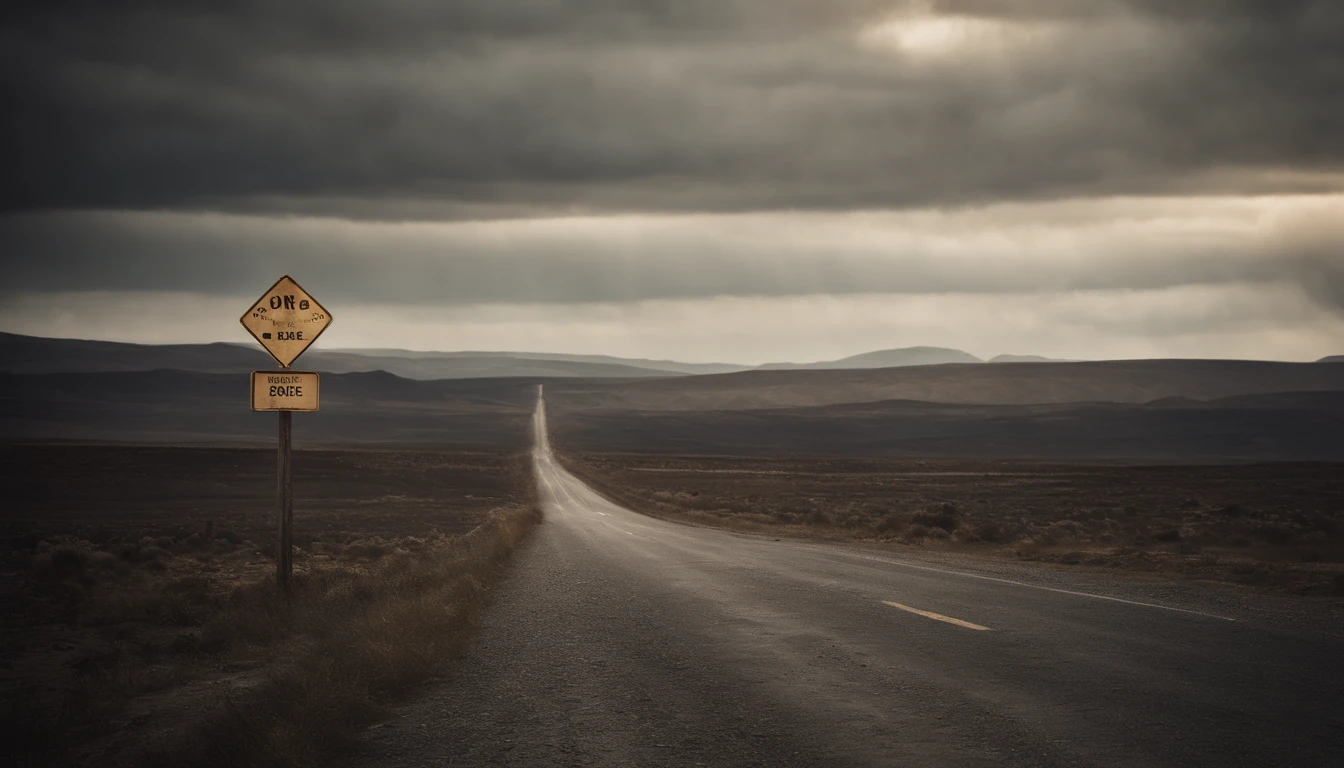 A high-resolution image of a danger sign against a bleak and desolate landscape, with the sign weathered and worn, creating a visually ominous and foreboding scene.