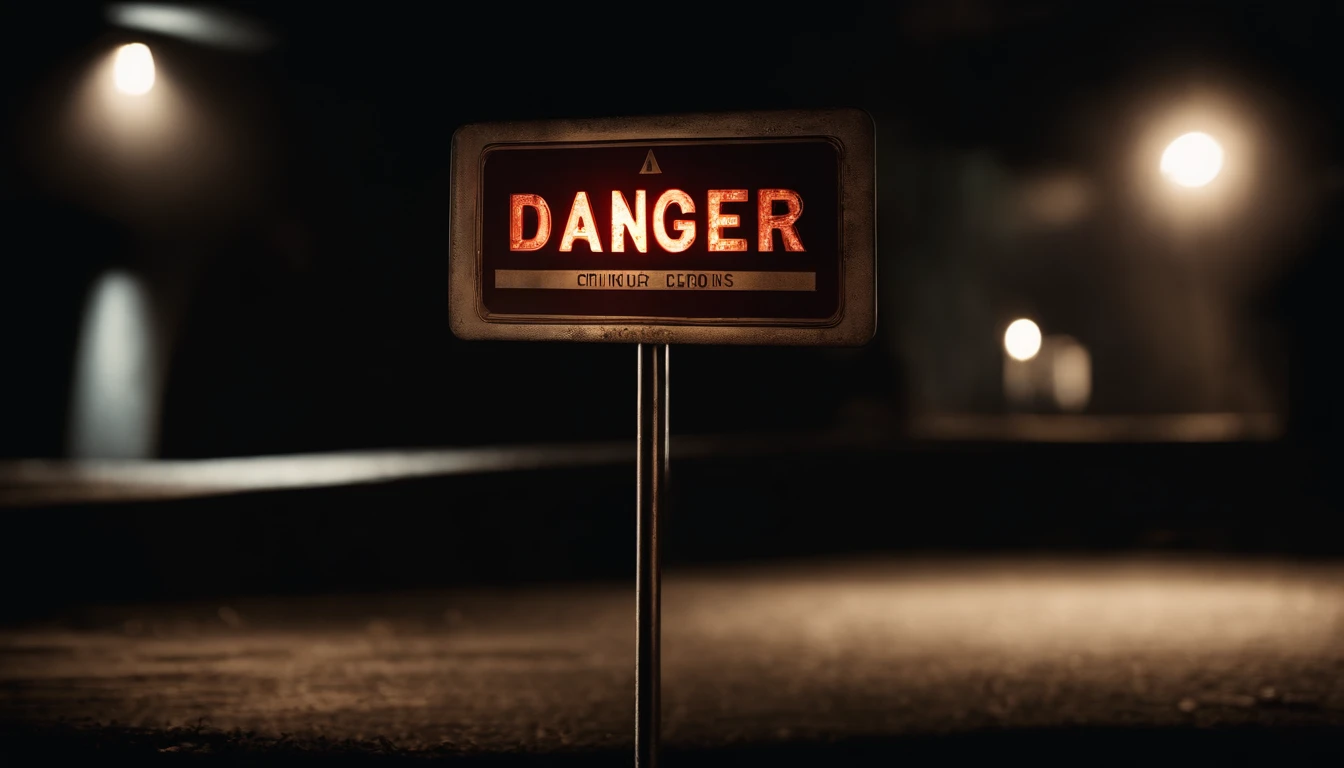 A visually stunning composition of a danger sign illuminated by a single spotlight, with the dark and shadowy background creating a visually dramatic and mysterious image.