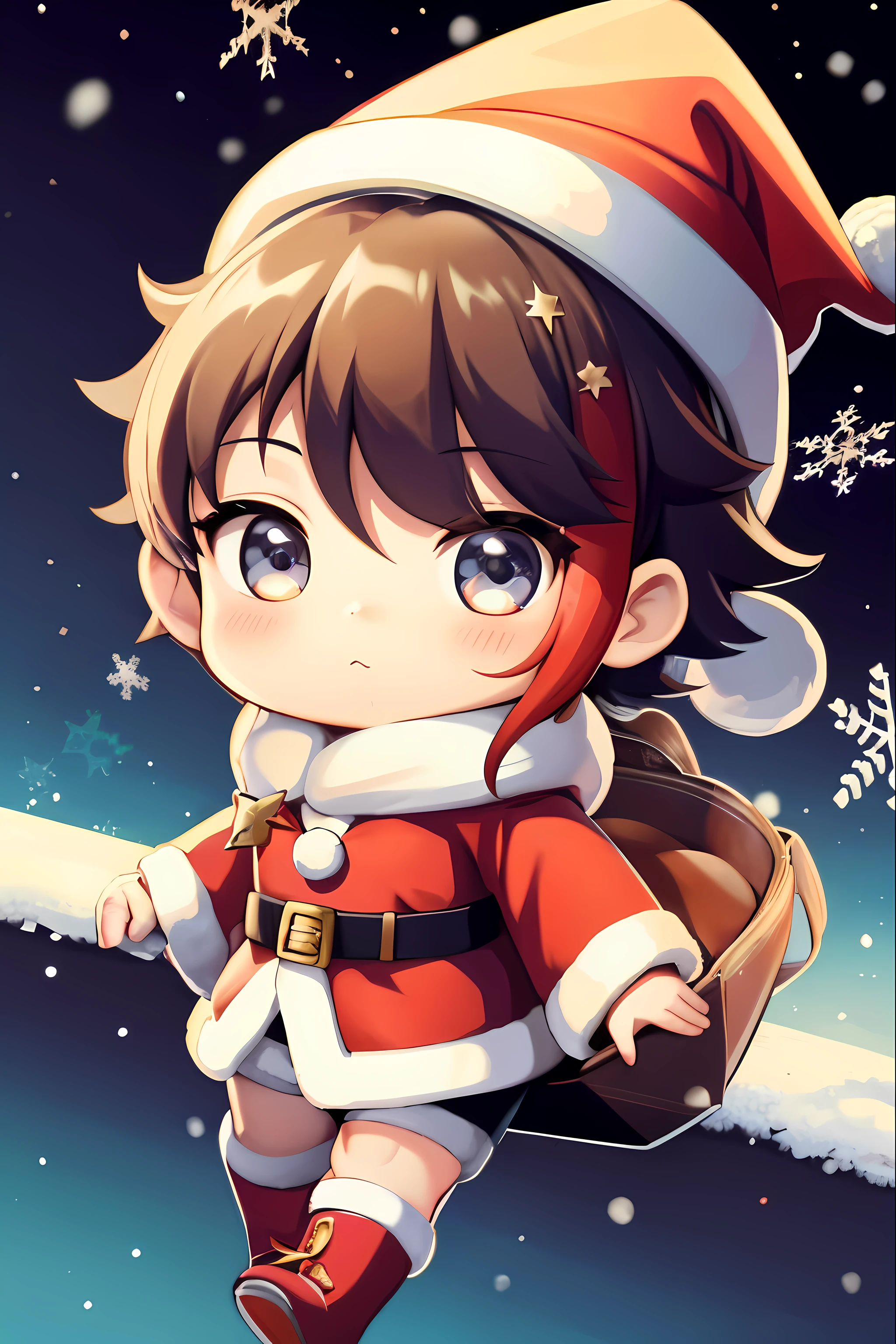 Santa Claus happily brings gifts、Santa is a good guy、Chibi doll、Stars in the eyes(Kirakira)、Looking Up、Laugh、Cute red shoes、red pants, sharp-focus, ultra detail, The World of Luklin、bioluminic、snowscape、It's snowing、Snowboarding、Draw a large snowflake in the foreground、Taken from the side、Stronger bokeh effect