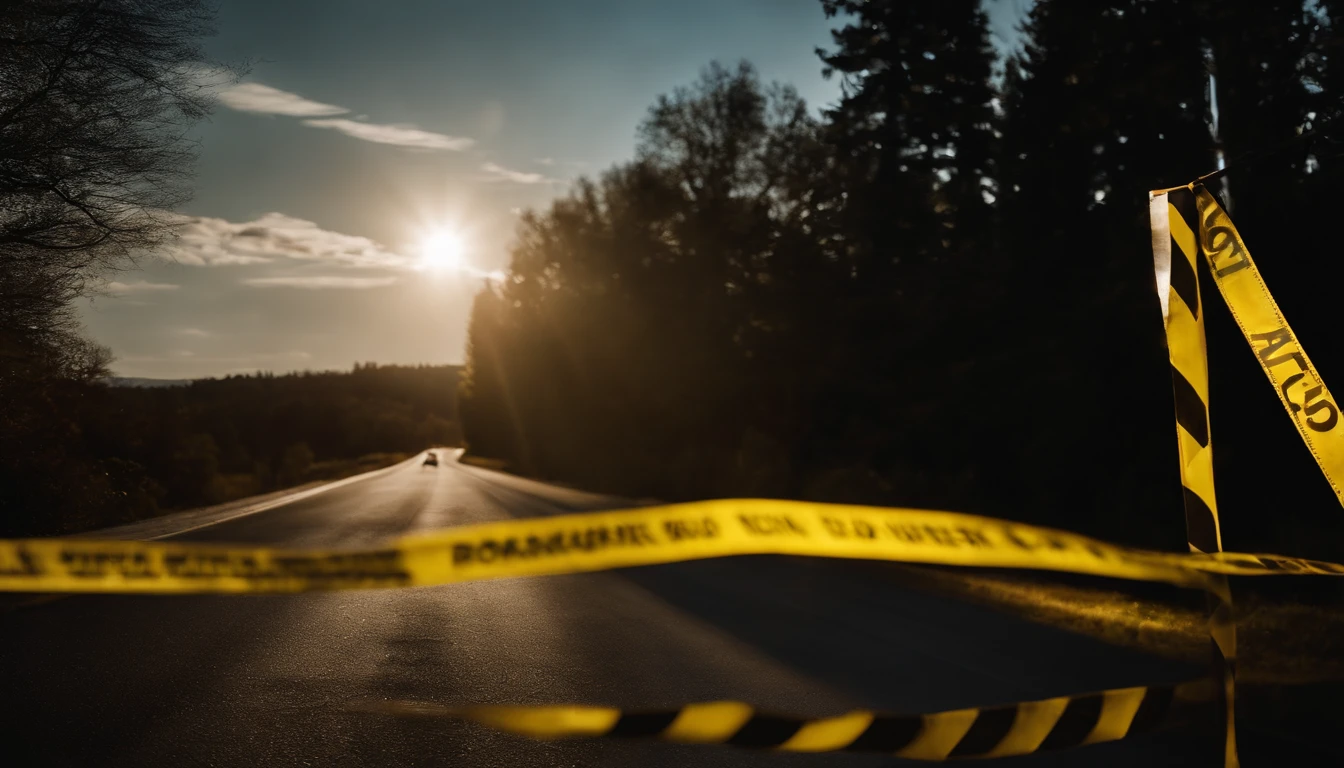 A close-up shot of a danger sign covered in caution tape, with the tape fluttering in the wind and adding to the sense of urgency and warning, creating a visually dynamic and attention-grabbing image.