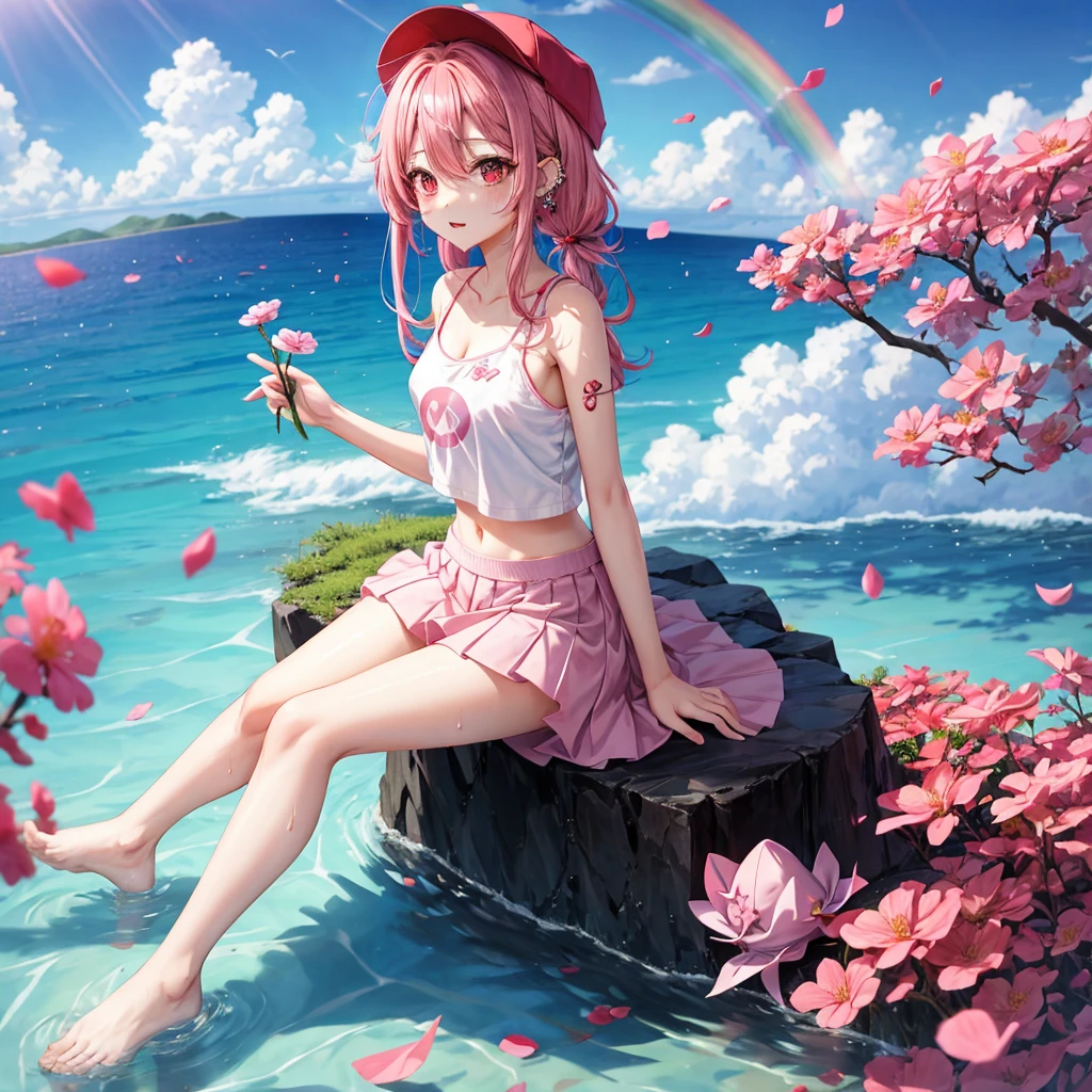 Swimwear、A young girl with short light pink hair and scarlet eyes.、Highlight on eyes、Uplifting、smile、A girl with long brown hair and green eyes、Play well、