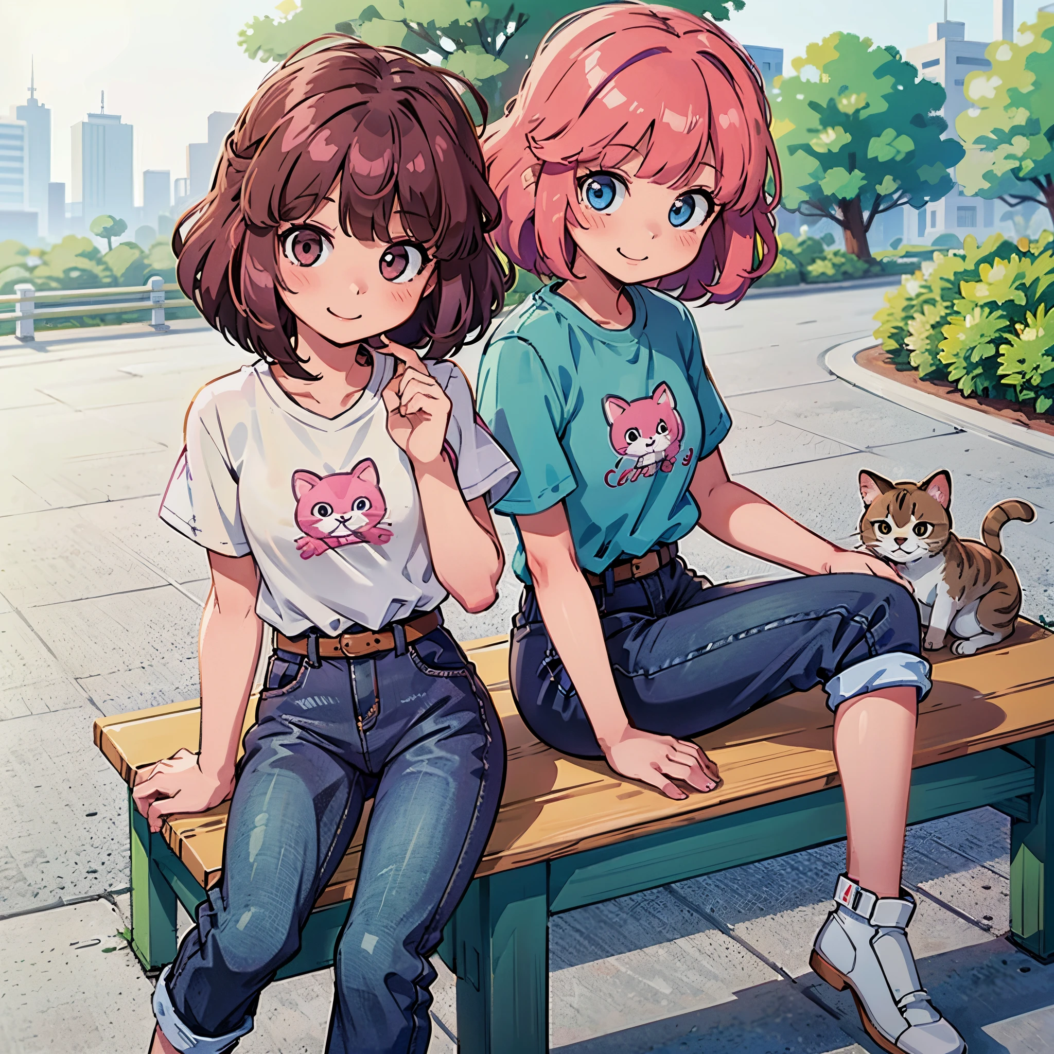 1girl, little girl, pink hair color, smile, wearing a shirt that has a picture of a cat on it and jeans, sitting on a bench in the park, alone