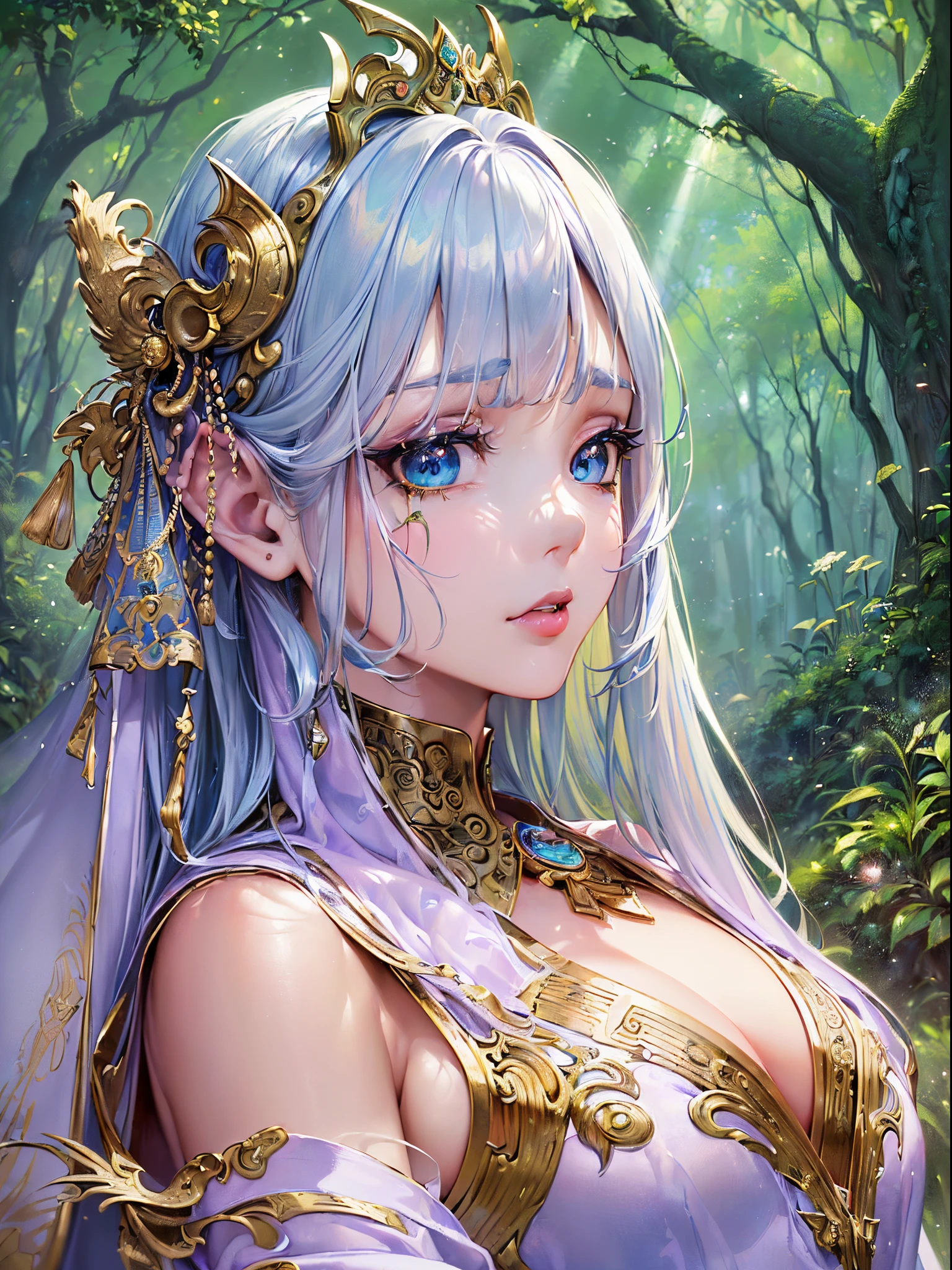 ((Finest quality)),(超A high resolution),(ultra-detailliert),(Meticulous portrayal),((Best Anime)),(Finest works of art),(Ultra-Precision Art),(The art of astounding depiction,Overwhelming depiction:1.5),(Detailed and detailed fantasy art), (femele:1.5),((beauitful face:1.5)),((thin silk robe:1.6)) Surrounded by forests and springs:1.3