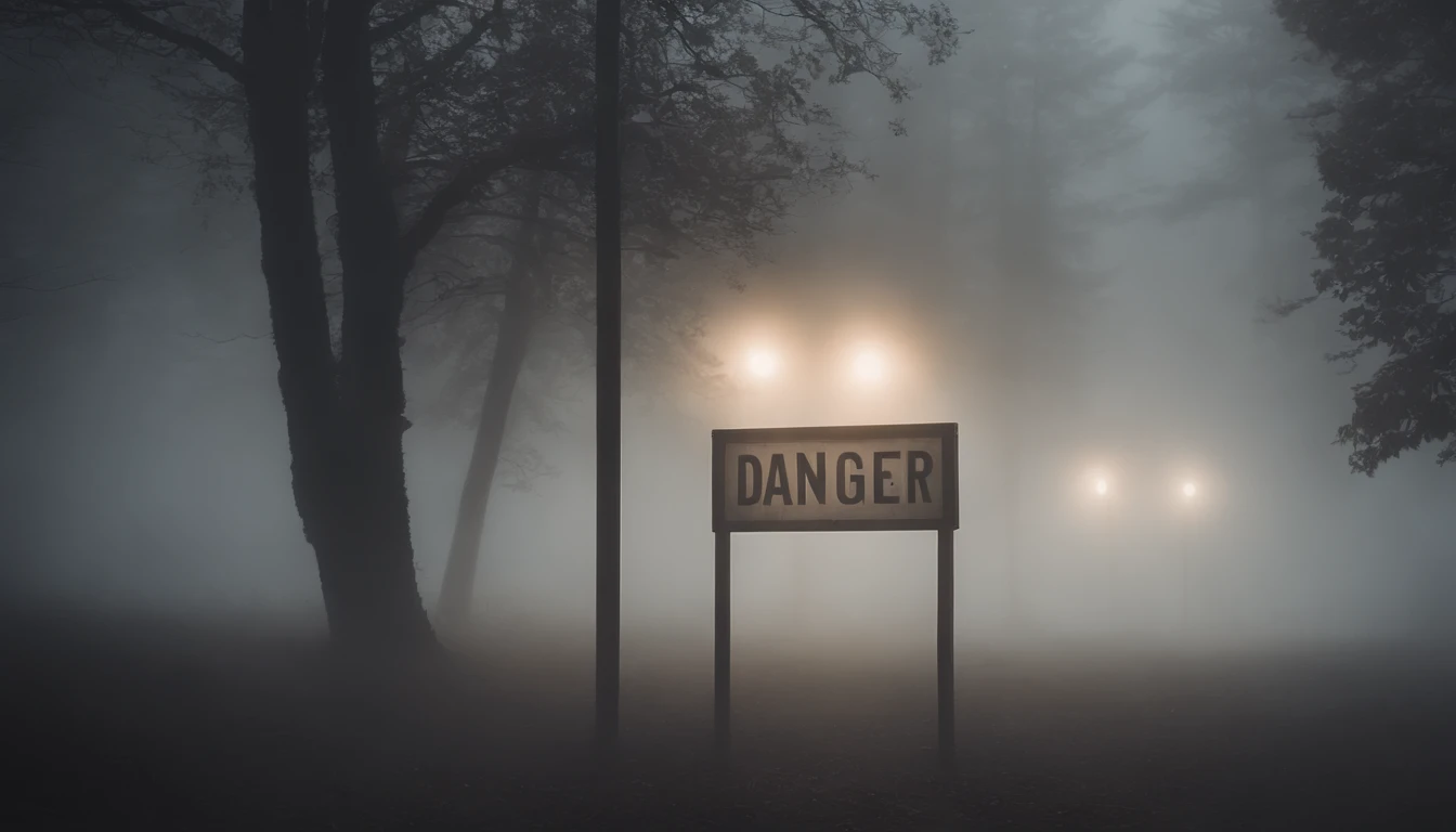 A visually pleasing composition of a danger sign surrounded by a dense fog, with the sign barely visible and adding to the sense of danger and uncertainty, creating a visually atmospheric and unsettling image.