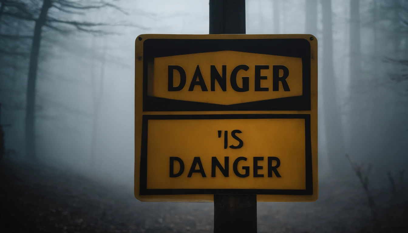 A visually pleasing composition of a danger sign surrounded by a dense fog, with the sign barely visible and adding to the sense of danger and uncertainty, creating a visually atmospheric and unsettling image.