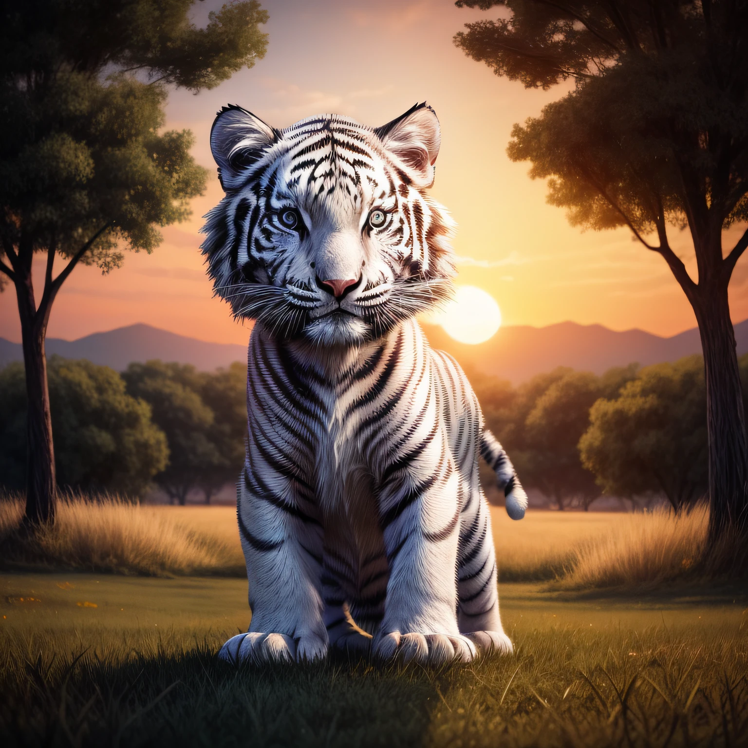  White Tiger:1.3, Close up silhouette of babyte tiger, (Detailed eyes), Large grasslands, evening glow, Orange sky, Backlight, Draw animals and trees in black, (best composition), (masutepiece), (Best Quality), (ultra high detail)