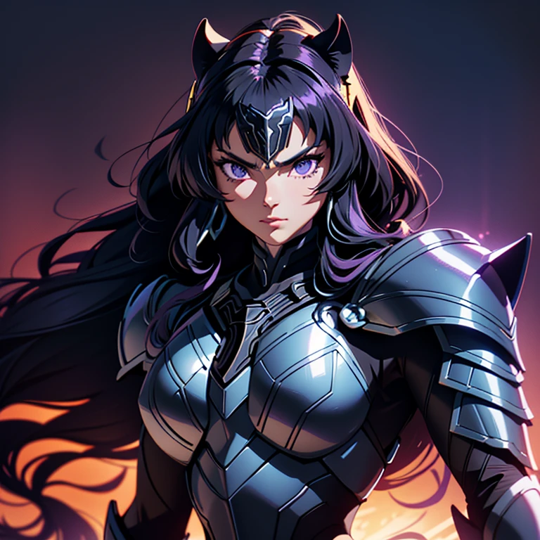 A woman wearing a black panther armor,, Saint Seiya, Black panther Armor, panther helmet, Dark purple hair, mid-long hair, , Charismatic character, Avatar de seconde vie, Nice screenshot, Femme seduisante vue complète du corps, High quality, very detailed skin