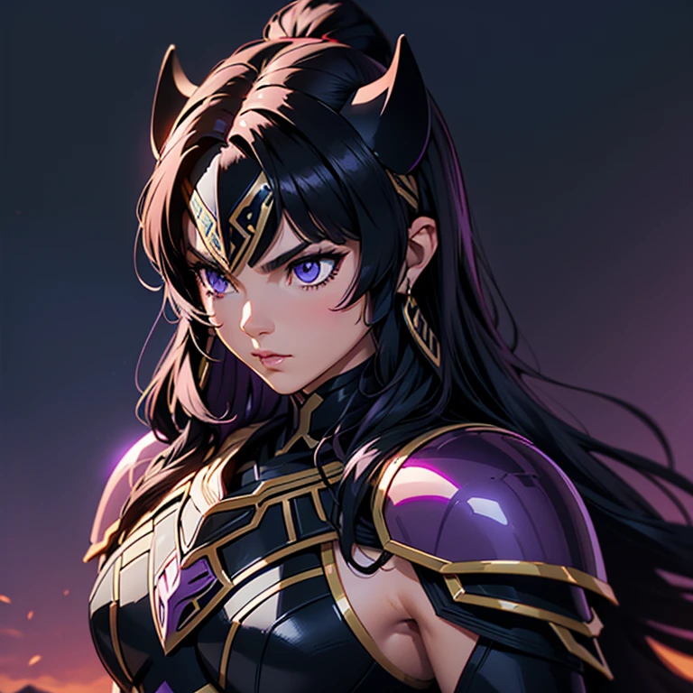 A woman wearing a black panther armor,, Saint Seiya, Black panther Armor, panther helmet, Dark purple hair, mid-long hair, , Charismatic character, Avatar de seconde vie, Nice screenshot, Femme seduisante vue complète du corps, High quality, very detailed skin